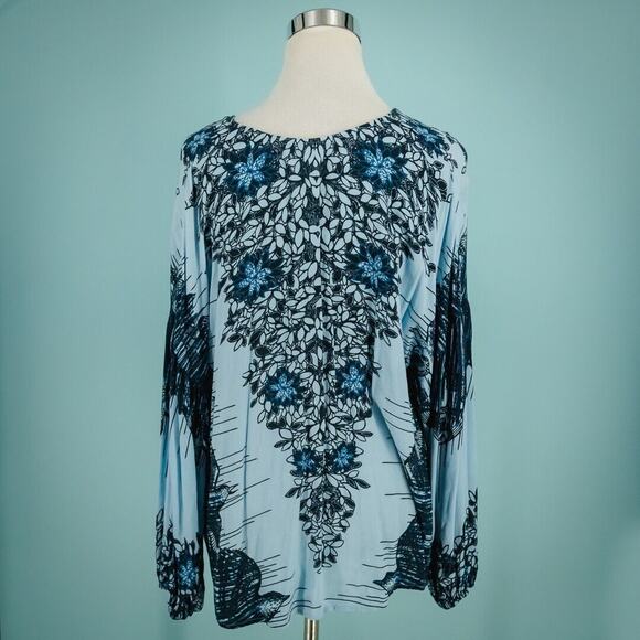 Free People Size Small S Blue Birds of a Feather Print V Neck Button Boho Top - Picture 4 of 8